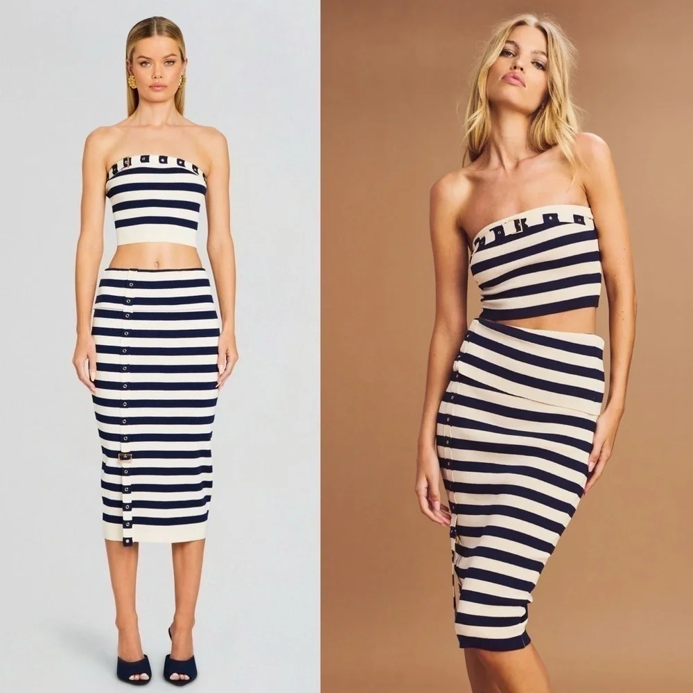 NEW! Ser.O.Ya- Cream And Navy Constance Tube Top Cleat Midi Skirt Set Size XL